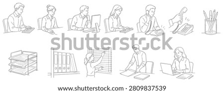 A collection of line art illustrations depicting professionals performing diverse administrative and communication activities in a typical office environment
