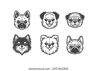 A collection of line art illustrations of different breeds of Dogs' head. Set of cute dog face.funny cartoon puppy portrait. Lovely animal. Dog lover. Vector illustration of pedigreed pet. Veterinary 