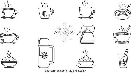 Una colección de ilustraciones de arte de línea con bebidas calientes como café y té, un termo y cuencos de sopa o gachas.
