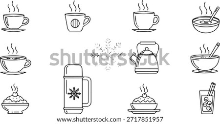 A collection of line art illustrations featuring hot beverages like coffee and tea, a thermos, and bowls of soup or porridge.