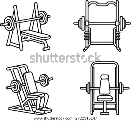 Collection of line art illustrations featuring gym equipment. Includes bench press, squat rack, leg press machine, and Smith machine. Ideal for fitness, bodybuilding, and workout themes.