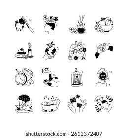 A collection of line art illustrations representing various aspects of wellness and self care
