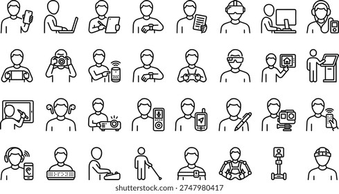 A collection of line art illustrations showcasing various professionals in different occupations and activities, presented in a vector design concept. The set includes a range of workers and jobs, highlighting skills, training, and career development in a modern workplace environment.