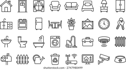 A collection of line art illustrations showcasing various household items and furniture, including furniture, appliances, and decor, in a simple and modern design style.