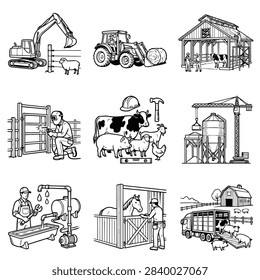 A collection of line art illustrations showcasing various farm scenes and agricultural work including machinery and animals