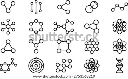 A collection of line art molecular structure designs and vector silhouettes for science and chemistry concepts, featuring various molecular bonds and structures.