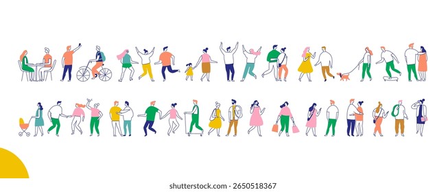 Collection of line art people vector figures in various social situations. Great for infographics, apps, or web design. Simple hand drawn design isolated on white
