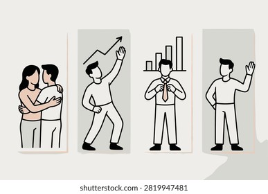 Collection of line art scenes representing career milestones relationships success and life progress concepts.