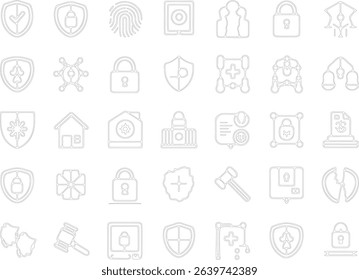 Collection of line art security icons in a distinctive silhouette style.
