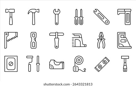 Collection of line art tool icons for construction and repair