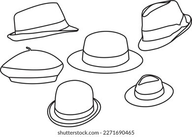 Colección de imágenes vectoriales de línea Ilustración de sombreros clásicos en blanco y negro
