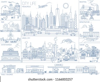 Collection of line art vector illustrations of city neighborhoods, infrastructure, buildings and views