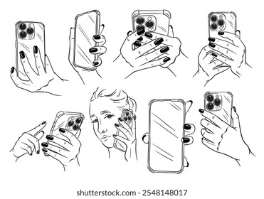 A collection of line art vector illustrations showing hands holding a smartphone in various positions, ideal for communication and tech themes on a white background.
