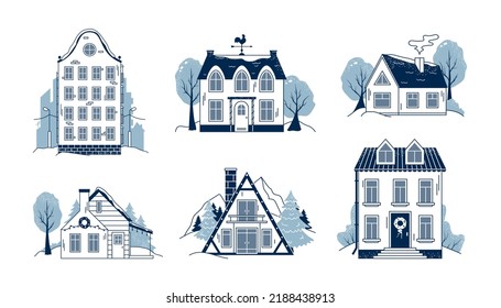 Collection Of Line Art Winter Houses Isolated On White Background. Christmas Holiday Season. European City Building With Nature Landscape. Flat Linear Vector Illustration. Real Estate