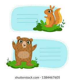 Collection of Line Cards, Notes, Tags, Stickers or Labels with Cute Forest Animals Vector Illustration