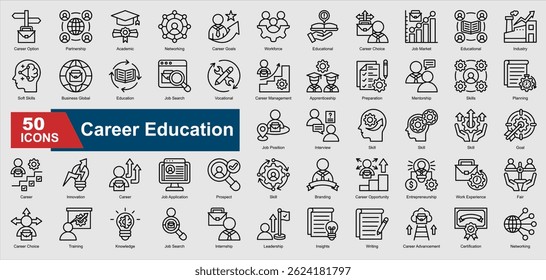 A collection of line Career Education icons. Includes job search, career planning, mentorship, internship, leadership, and more. Perfect for illustrations and designs.