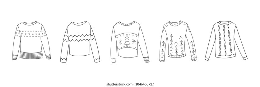 Collection of line christmas sweaters or jumpers with various winter prints. Knitted woolen warm clothing pullovers. Vector outline illustration. 	
