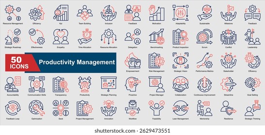 A collection of line color Productivity Management icons. Includes efficiency, KPI, team building, motivation, leadership, and more. Perfect for illustrations and designs.
