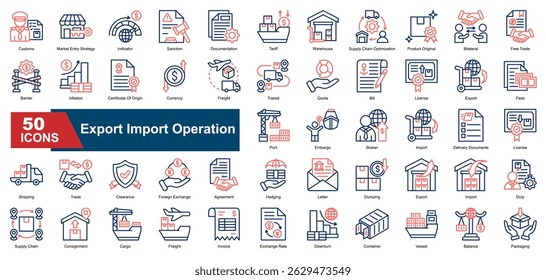 Uma coleção de ícones de Exportar Operação de Importação de estilo de cor de linha. Inclui alfândega, entrada no mercado, tarifas, documentação, exportação, importação, remessa e muito mais. Perfeito para apresentações, relatórios e busi