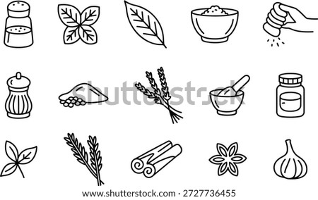 A collection of line depicting various spices and seasonings salt pepper