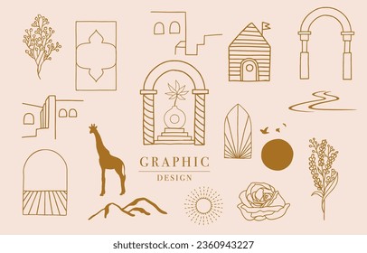 Collection of line design object with nauture,door,,building.Editable vector illustration for social media,icon
