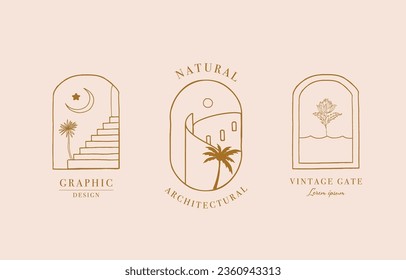 Collection of line design object with nauture,door,,building.Editable vector illustration for social media,icon