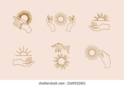 Collection of line design with sun,hand.Editable vector illustration for website, sticker, tattoo,icon