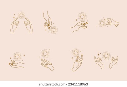 Collection of line design with sun,hand.Editable vector illustration for website, sticker, tattoo,icon