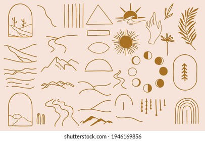 Collection of line design with sun,mountain.Editable vector illustration for website, sticker, tattoo,icon