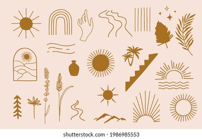 Collection of line design with sun,mountain.Editable vector illustration for website, sticker, tattoo,icon