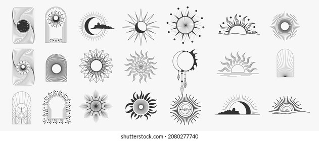 Collection of line design with sun,sea,wave. Bohemian linear logos, icons and symbols, sun design templates. Boho sunrise logo, sun line art vector illustration