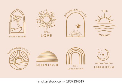 Kollektion von Liniendesign mit Sonne,Meer,Welle.Bearbeitbare Vektorgrafik für Website, Aufkleber, Tattoo,Symbol