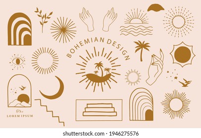 Collection of line design with sun,sea,wave.Editable vector illustration for website, sticker, tattoo,icon