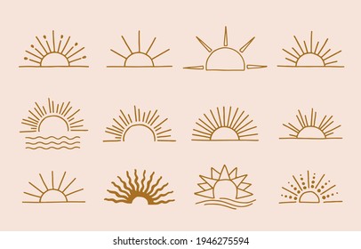 Collection of line design with sun,sea,wave.Editable vector illustration for website, sticker, tattoo,icon