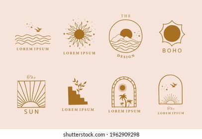 Collection of line design with sun,sea,wave.Editable vector illustration for website, sticker, tattoo,icon