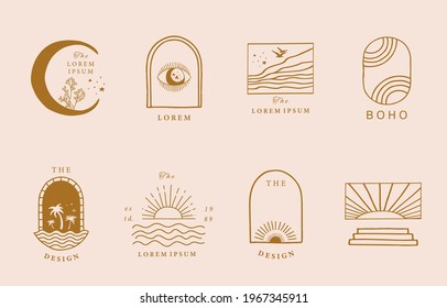 Collection of line design with sun,sea,wave.Editable vector illustration for website, sticker, tattoo,icon