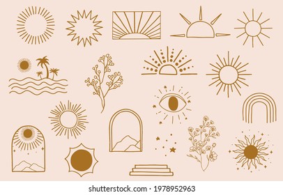 Collection of line design with sun,sea,wave.Editable vector illustration for website, sticker, tattoo,icon