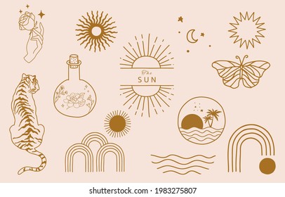 Collection of line design with sun,sea,wave.Editable vector illustration for website, sticker, tattoo,icon