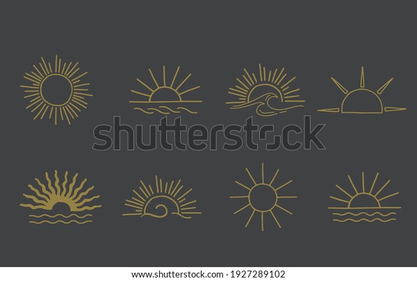Collection of line design\
with sun,sea,wave.Editable vector illustration for website,\
sticker,\
tattoo,icon