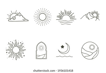 Kollektion von Liniendesign mit Sonne, Meer, Wellen, Berg.Bearbeitbare Vektorgrafik für Website, Aufkleber, Tattoo,Icon