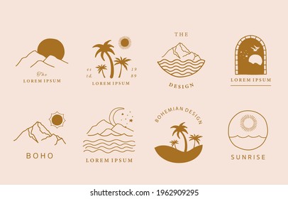 Collection of line design with sun,sea,wave,mountain.Editable vector illustration for website, sticker, tattoo,icon