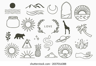 Collection of line design with sun,tree.Editable vector illustration for website, sticker, tattoo,icon