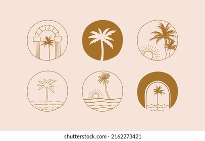 Collection of line design with tree,palm,nature.Editable vector illustration for website, sticker, tattoo,icon