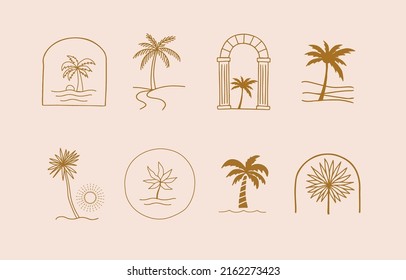 Collection of line design with tree,palm,nature.Editable vector illustration for website, sticker, tattoo,icon