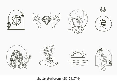 Colección de diseño de línea con mujer, serpiente, luna.Ilustración vectorial editable para sitio web, pegatina, tatuaje, icono
