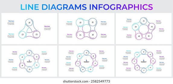 Collection of line diagrams infographic templates for business, education, and organizational use, ideal for presentation. Set with 3, 4, 5, 6, 7 and 8 options, steps or processes