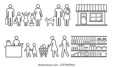 Uma coleção de pictogramas de desenho de linha com famílias de compras e lojas