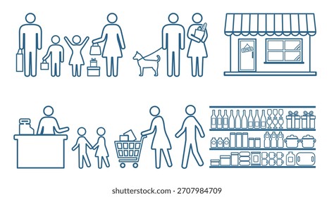 A collection of line drawing pictograms featuring shopping families and stores