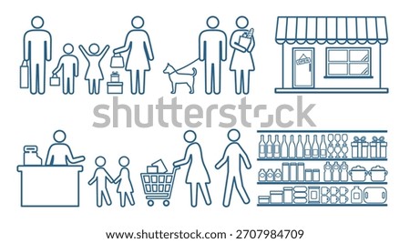 A collection of line drawing pictograms featuring shopping families and stores