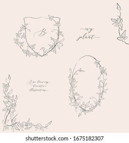 Collection of line drawing vector floral wreaths, oval frame, heraldry, hand drawn corners with plants, branches, herbs. Botanical illustration. Leaf logo. Wedding invitation